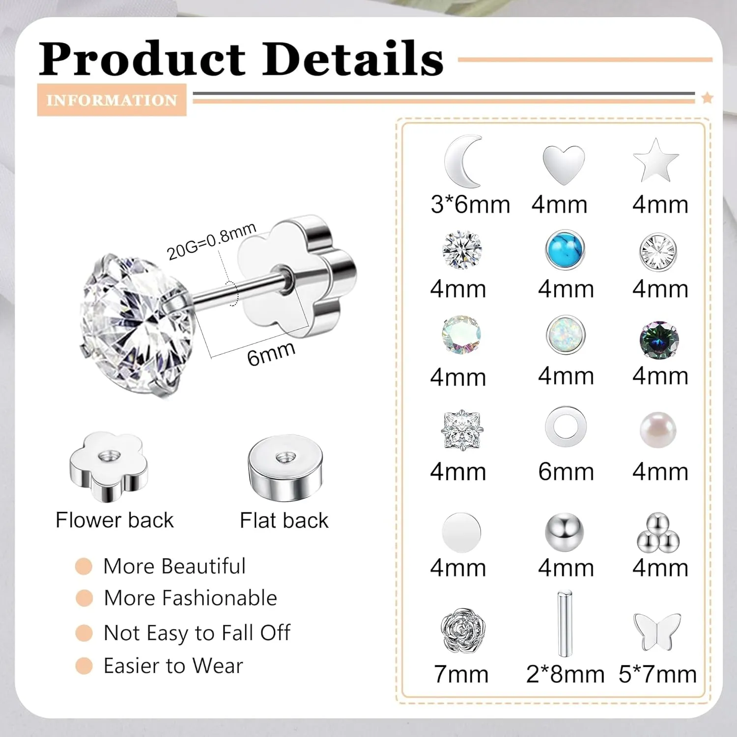 Staligue Surgical Steel Earrings for Women Men Hypoallergenic Flat back Stud Earrings for Sensitive Ears CZ Opal Moon Pearl 20G Flower Back Cartilage Earrings