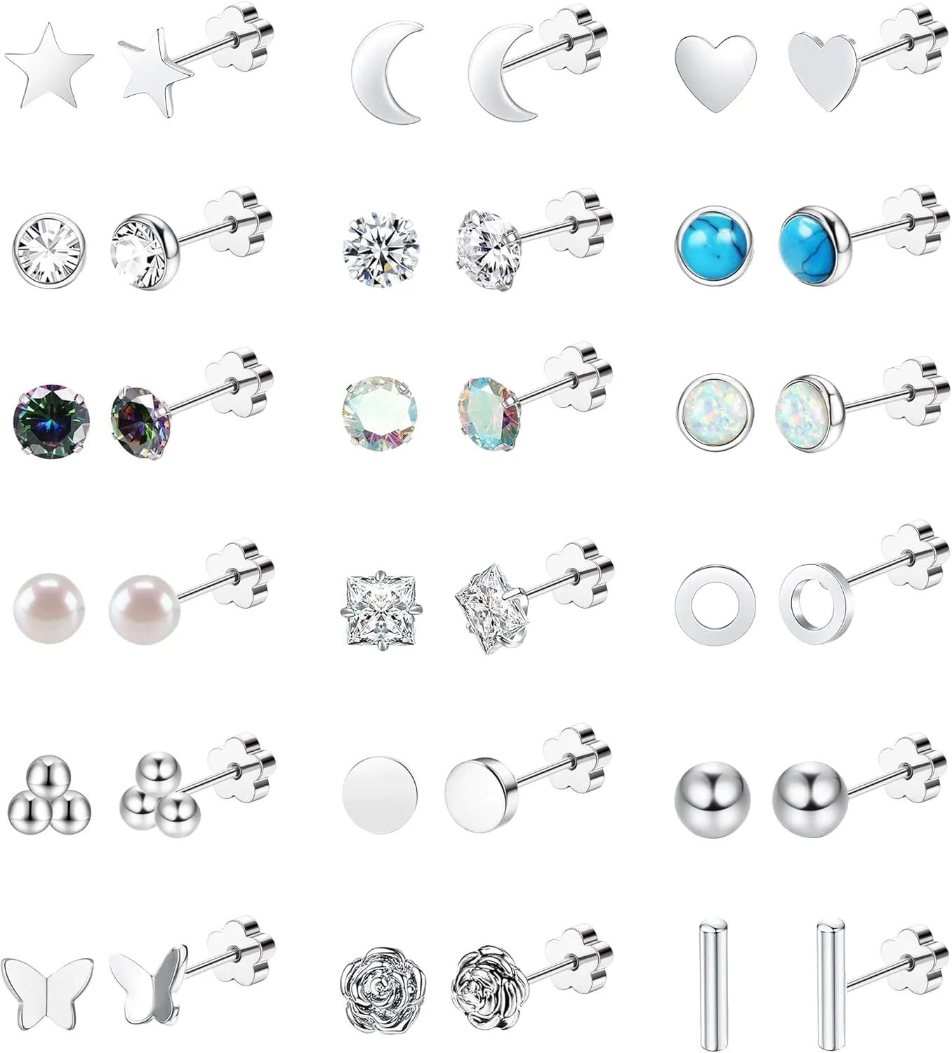 Staligue Surgical Steel Earrings for Women Men Hypoallergenic Flat back Stud Earrings for Sensitive Ears CZ Opal Moon Pearl 20G Flower Back Cartilage Earrings
