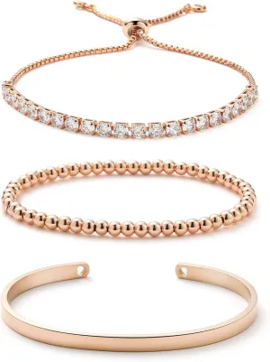Starain 18K Gold Plated Tennis Bracelets for Women White Cubic Zirconia Bling Bracelet,Gold Copper Beaded Bracelet Cuff Bracelet Set