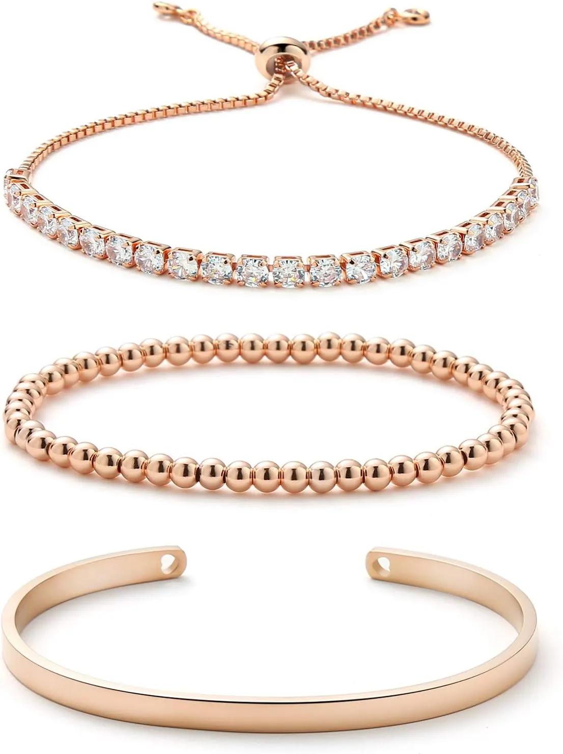Starain 18K Gold Plated Tennis Bracelets for Women White Cubic Zirconia Bling Bracelet,Gold Copper Beaded Bracelet Cuff Bracelet Set