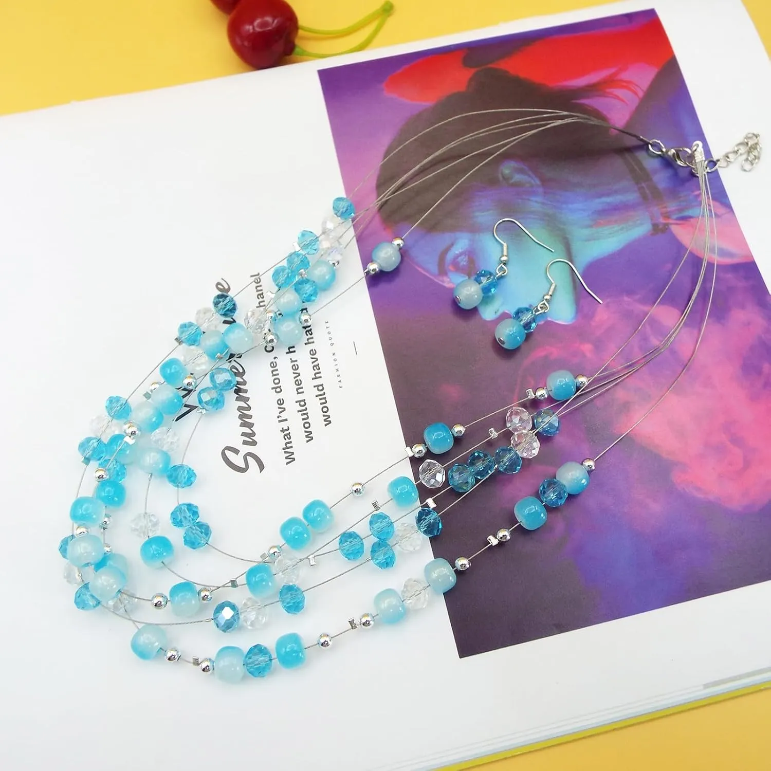 Statement Necklace for Women, Layered Chunky Beaded Crystal Pearl Necklaces Colorful Multi-Layer Strand Necklace and Earrings Set Bridal Jewelry Set for Wedding Prom Jewelry Sets