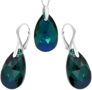 Sterling Silver 925 Dark Green Blue Necklace Earrings Set for Women, 18"