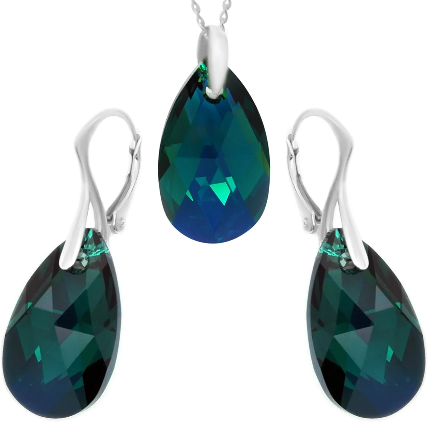 Sterling Silver 925 Dark Green Blue Necklace Earrings Set for Women, 18"