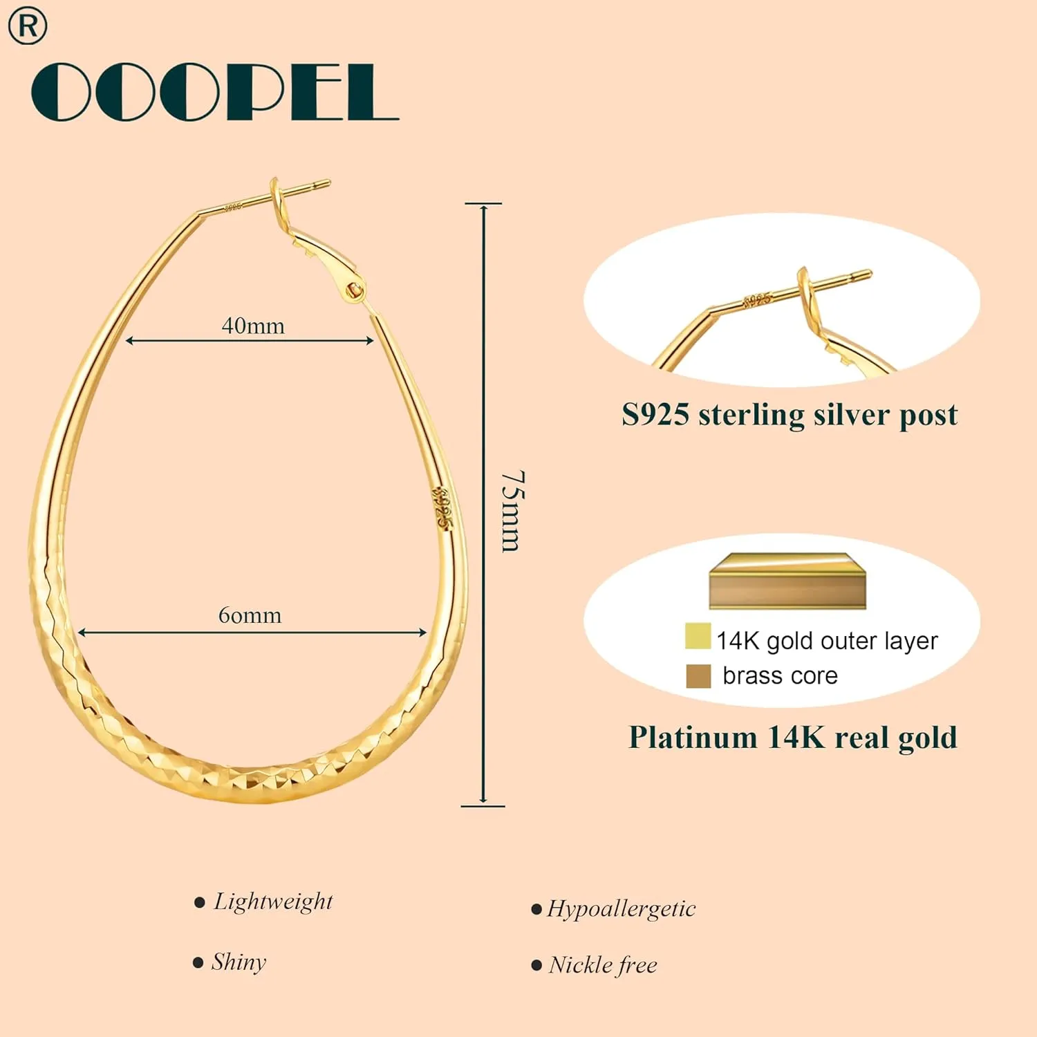 Sterling Silver Hoop Earrings,Oval Gold Hoop Earrings for Women Hypoallergenic Big Teardrop Hoop Earrings Diamond-Cut Large Gold Chunky Hoops for Womens 925 Sterling Silver Earrings 55/75/85mm