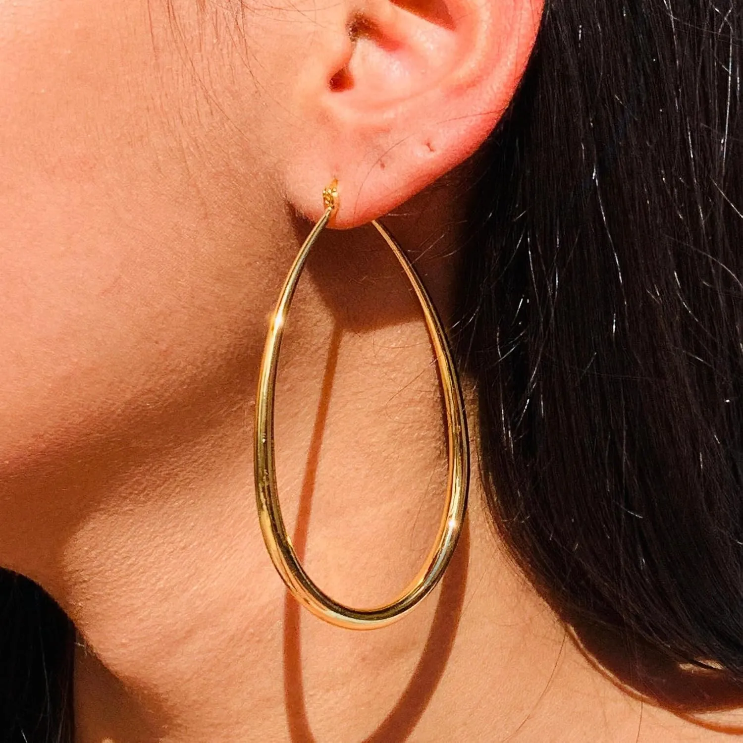 Sterling Silver Hoop Earrings,Oval Gold Hoop Earrings for Women Hypoallergenic Big Teardrop Hoop Earrings Diamond-Cut Large Gold Chunky Hoops for Womens 925 Sterling Silver Earrings 55/75/85mm