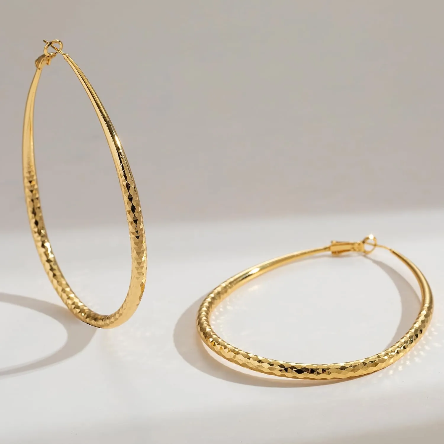 Sterling Silver Hoop Earrings,Oval Gold Hoop Earrings for Women Hypoallergenic Big Teardrop Hoop Earrings Diamond-Cut Large Gold Chunky Hoops for Womens 925 Sterling Silver Earrings 55/75/85mm