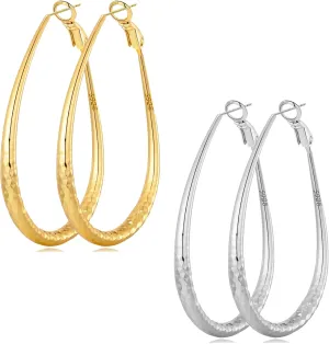 Sterling Silver Hoop Earrings,Oval Gold Hoop Earrings for Women Hypoallergenic Big Teardrop Hoop Earrings Diamond-Cut Large Gold Chunky Hoops for Womens 925 Sterling Silver Earrings 55/75/85mm