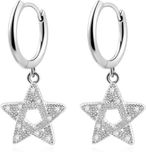 Sterling Silver Star Hoop Earrings for Women Huggie Dangle Earrings with Cubic Zirconia Drop for Celestial Jewelry