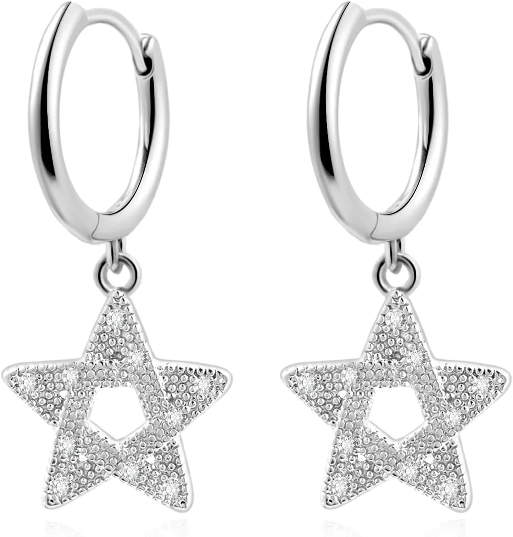 Sterling Silver Star Hoop Earrings for Women Huggie Dangle Earrings with Cubic Zirconia Drop for Celestial Jewelry