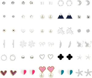 Stud Earrings Set Crystal Pearl Round Circle Heart Cubic Zirconia Geometric Ball Hypoallergenic Earring Set Charm Trendy Piercing Jewelry Gift for Women Girls Teens Lady,30 Pairs Earring