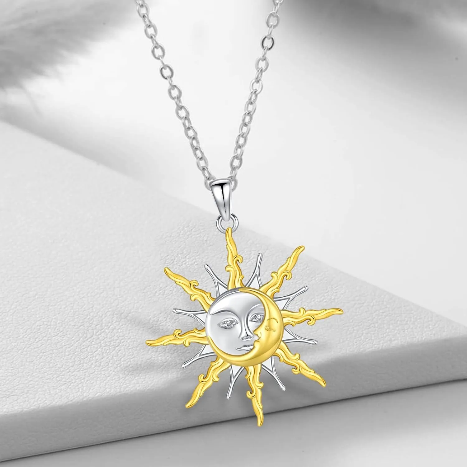 Sun and Moon Necklaces 925 Sterling Silver Sun Moon Face Necklace Couples Friendship BFF Jewelry for Women Men