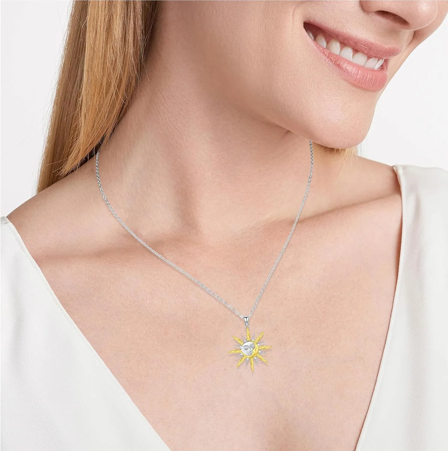Sun and Moon Necklaces 925 Sterling Silver Sun Moon Face Necklace Couples Friendship BFF Jewelry for Women Men