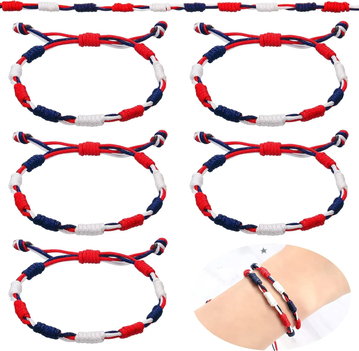 Sureio 6 Pcs 4th of July Bracelet Red White Blue Bracelet USA American Flag Patriotic Adjustable Fourth of July Friendship Bracelet for Women Men Gifts Independence Day Party Favors Wristbands