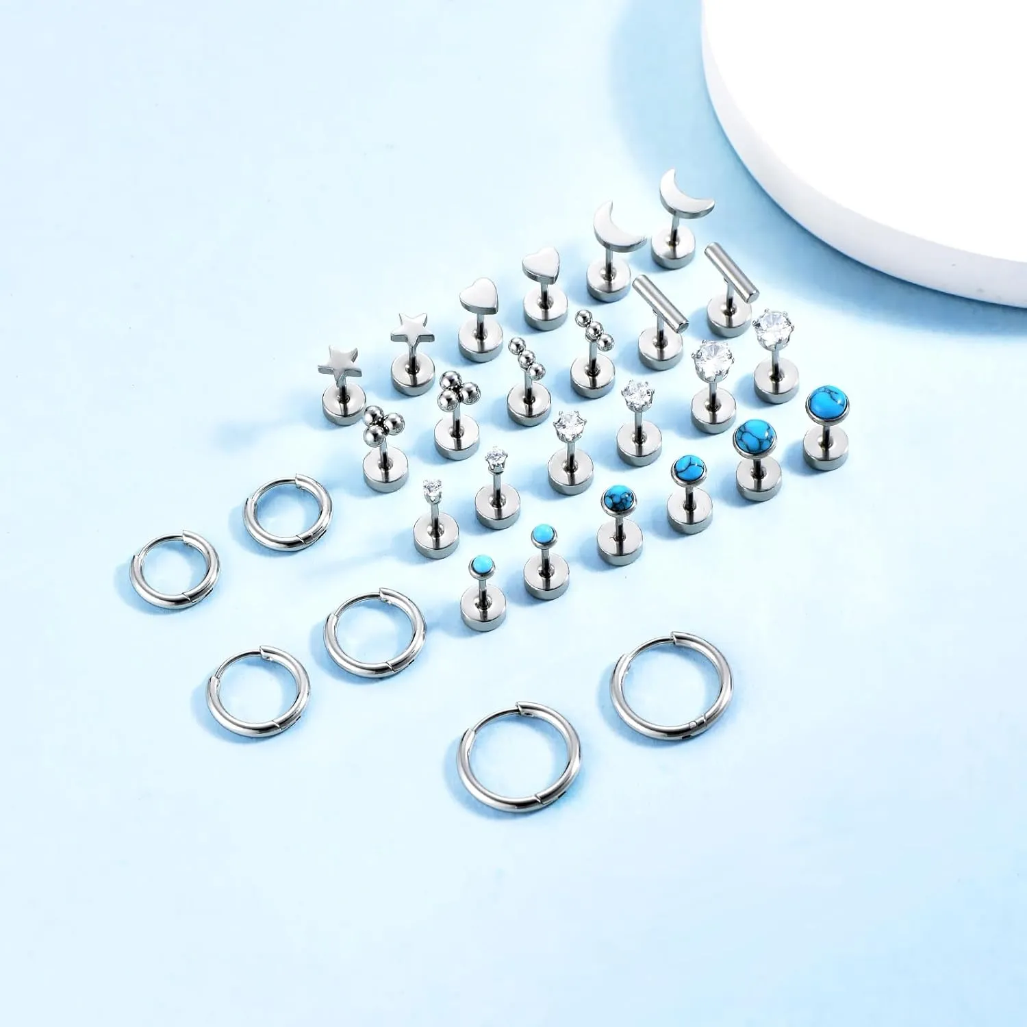 Surgical Stainless Steel Flat Back Stud Earrings for Women Men Hypoallergenic Hoop Earrings for Cartilage Helix Lobes Multiple Piercing jewerly Screw Back Earring Set Silver/Gold/Black
