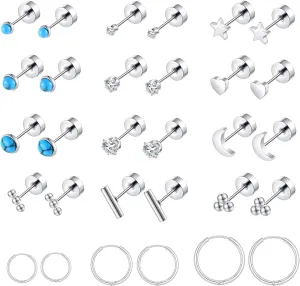 Surgical Stainless Steel Flat Back Stud Earrings for Women Men Hypoallergenic Hoop Earrings for Cartilage Helix Lobes Multiple Piercing jewerly Screw Back Earring Set Silver/Gold/Black