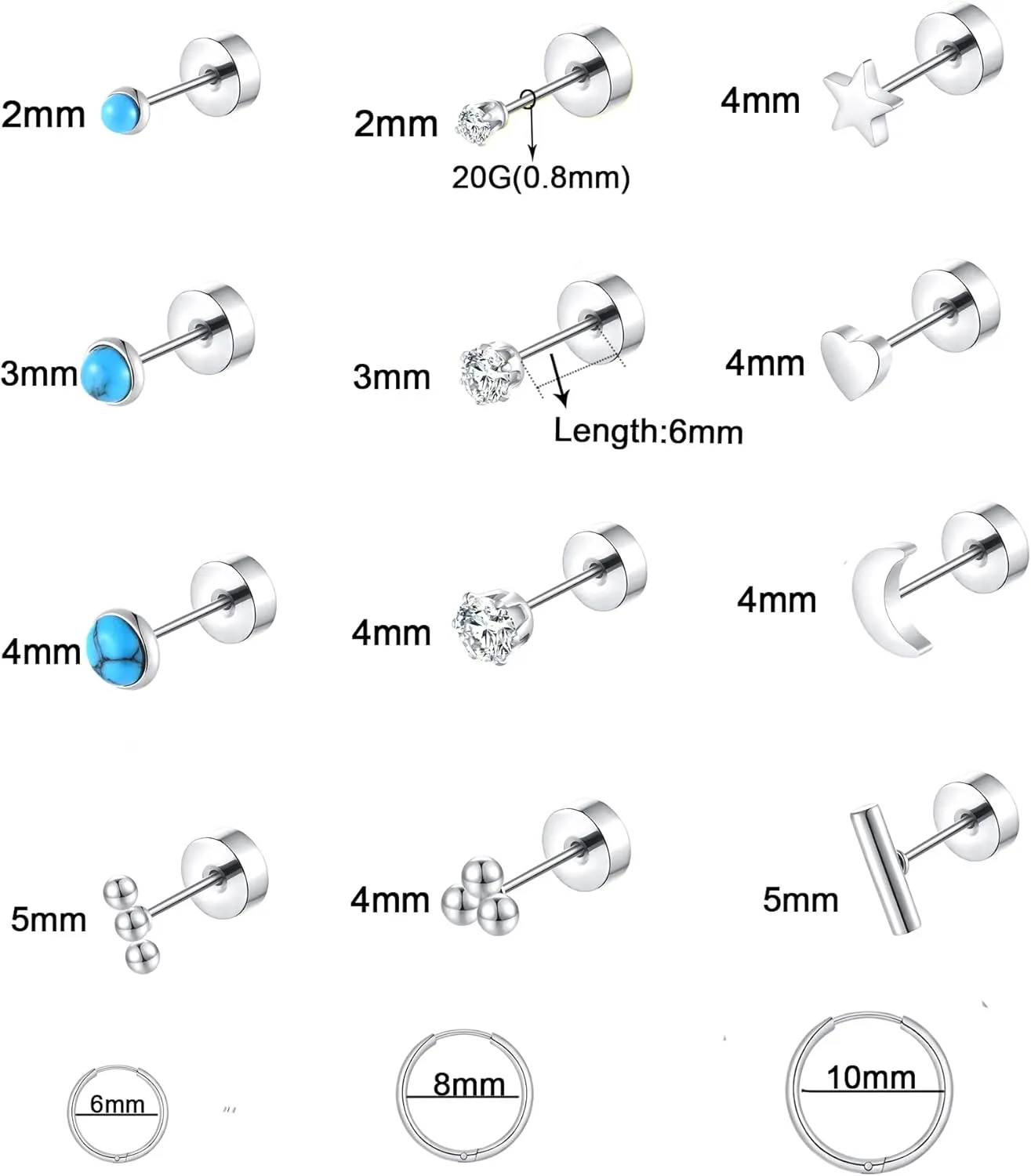 Surgical Stainless Steel Flat Back Stud Earrings for Women Men Hypoallergenic Hoop Earrings for Cartilage Helix Lobes Multiple Piercing jewerly Screw Back Earring Set Silver/Gold/Black