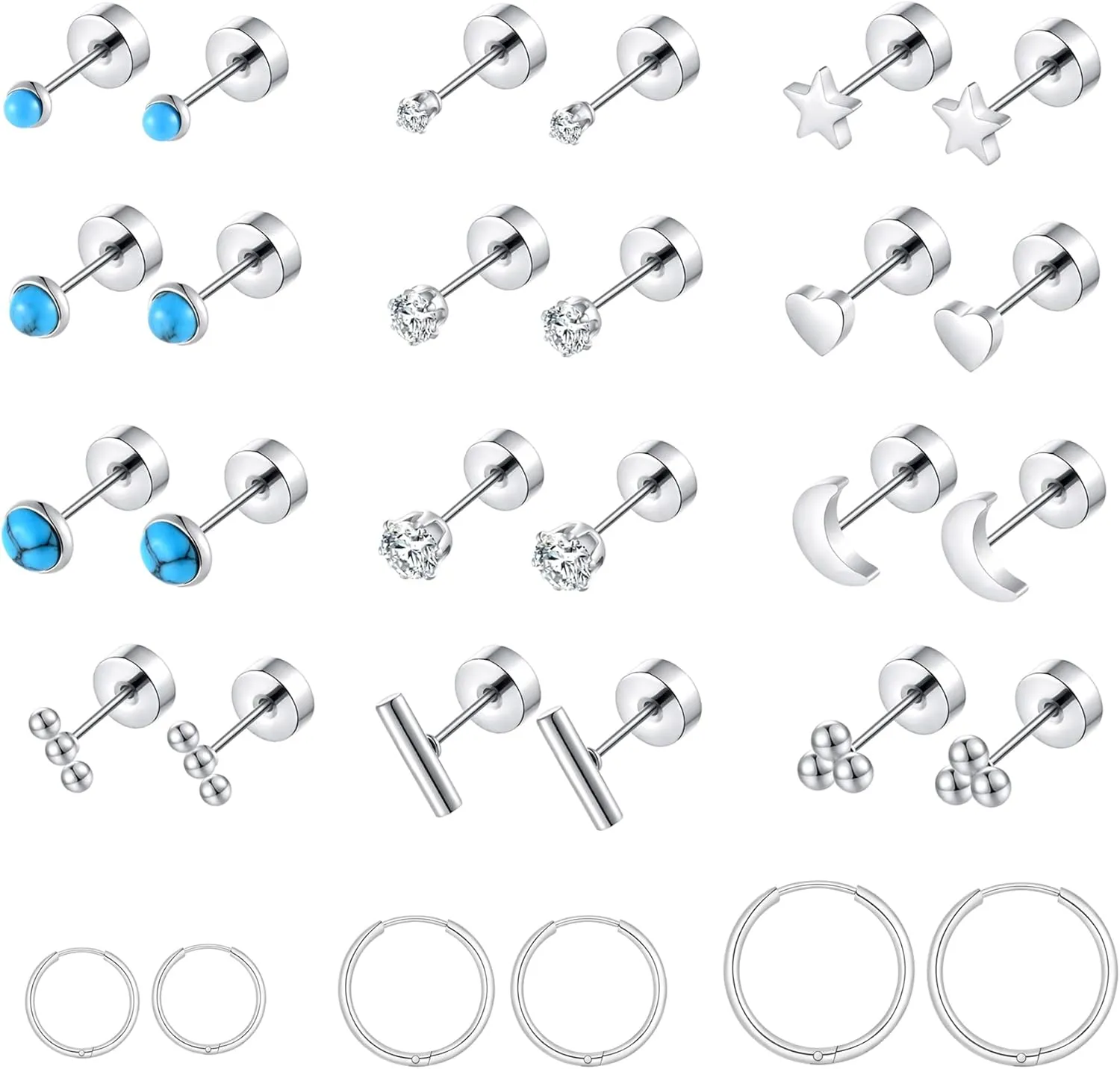 Surgical Stainless Steel Flat Back Stud Earrings for Women Men Hypoallergenic Hoop Earrings for Cartilage Helix Lobes Multiple Piercing jewerly Screw Back Earring Set Silver/Gold/Black