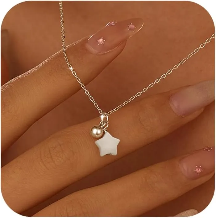 SUYACS 925 Sterling Silver Star Bead Necklaces for Women 14K Gold Plated Dainty Star Shape Seachshell Charm Pendant Necklace Cute Lucky Chain Necklace Summer Ocean Jewelry to Daughter