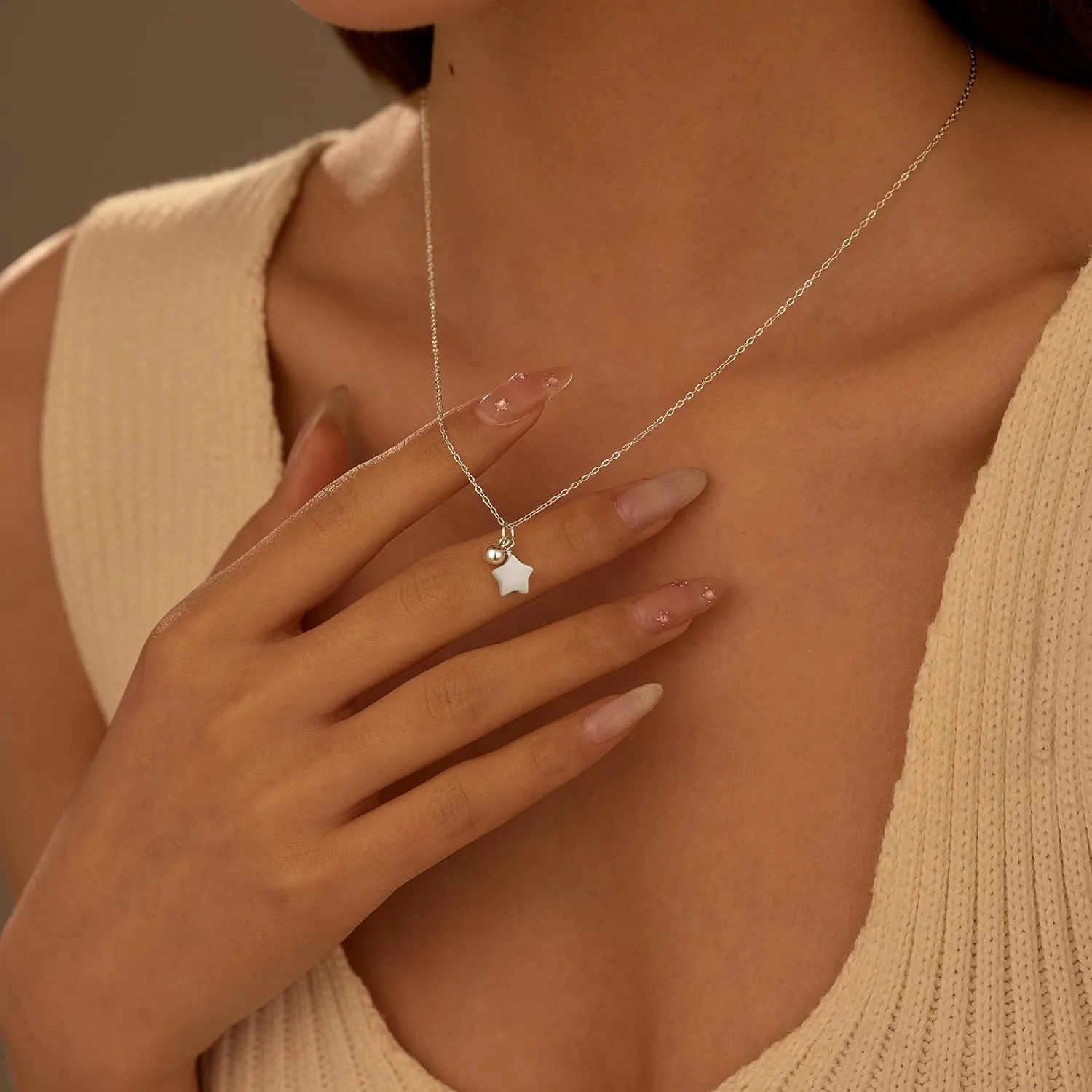 SUYACS 925 Sterling Silver Star Bead Necklaces for Women 14K Gold Plated Dainty Star Shape Seachshell Charm Pendant Necklace Cute Lucky Chain Necklace Summer Ocean Jewelry to Daughter