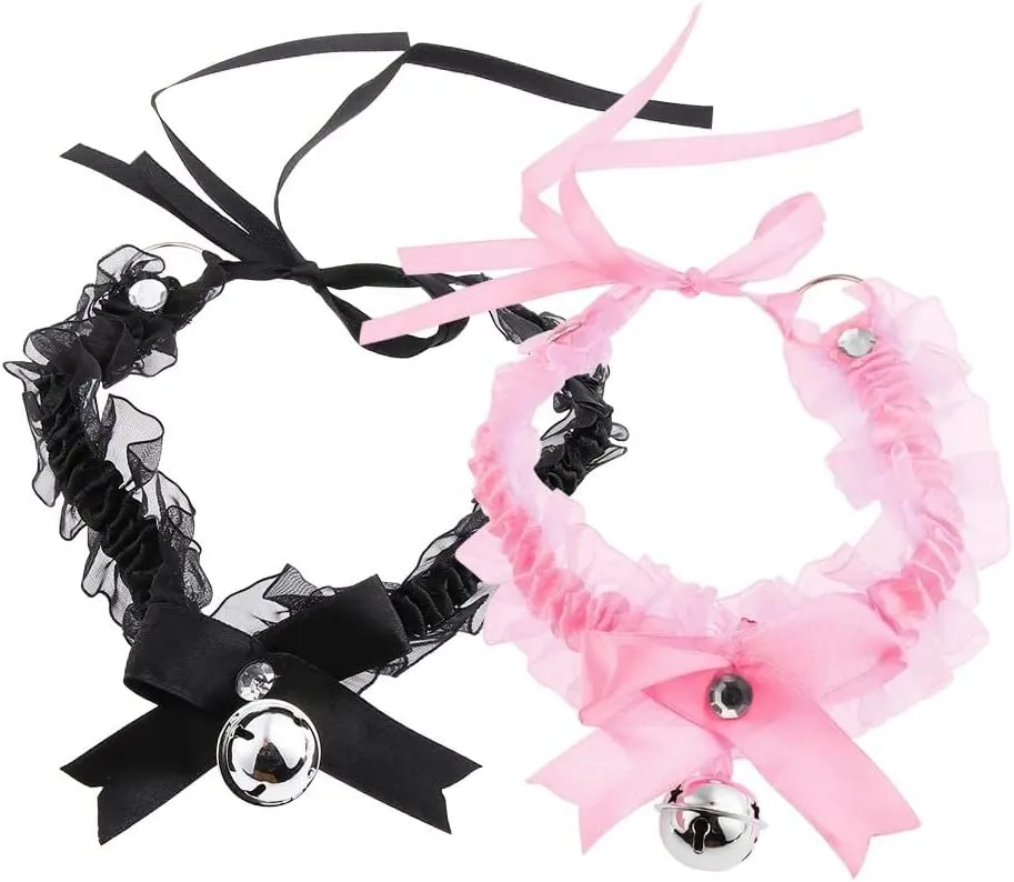 tenghong2021 2 Pcs Lace Bell Choker Necklaces Set Chiffon Lace Kitty Bow Collar Choker Necklace See-through Bell Pendant Necklace Sexy Accessories Lolita Style Cosplay for Girls Women