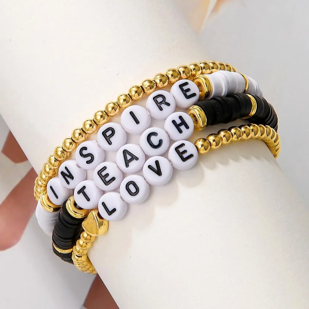 tenghong2021 Acrylic Bead Elastic Rope Beaded Bracelet for Women Handmade Wood Beaded Teacher Appreciation Strand Bracelets Teach Inspire Beaded Teacher Bracelets for Women Gifts Jewelry