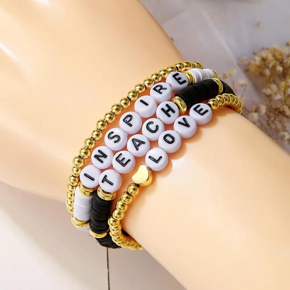 tenghong2021 Acrylic Bead Elastic Rope Beaded Bracelet for Women Handmade Wood Beaded Teacher Appreciation Strand Bracelets Teach Inspire Beaded Teacher Bracelets for Women Gifts Jewelry