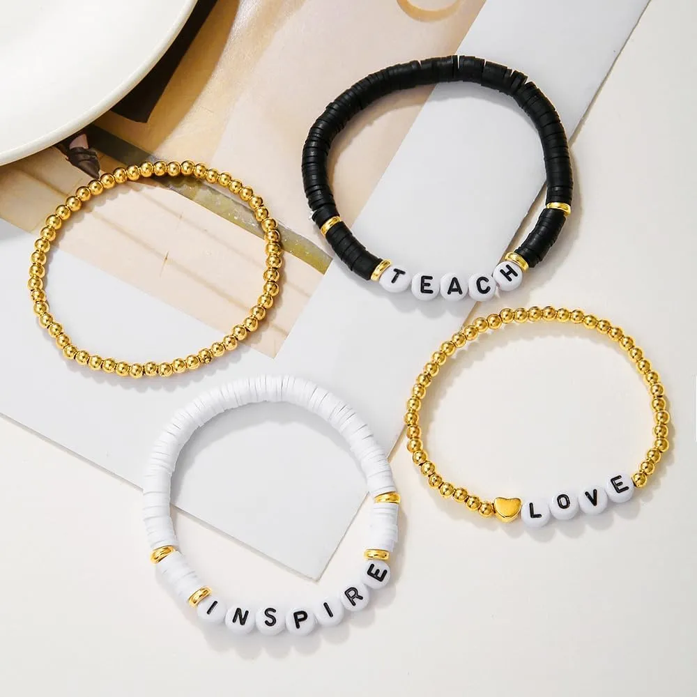 tenghong2021 Acrylic Bead Elastic Rope Beaded Bracelet for Women Handmade Wood Beaded Teacher Appreciation Strand Bracelets Teach Inspire Beaded Teacher Bracelets for Women Gifts Jewelry