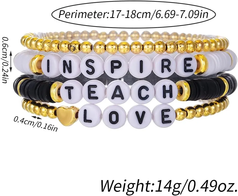 tenghong2021 Acrylic Bead Elastic Rope Beaded Bracelet for Women Handmade Wood Beaded Teacher Appreciation Strand Bracelets Teach Inspire Beaded Teacher Bracelets for Women Gifts Jewelry