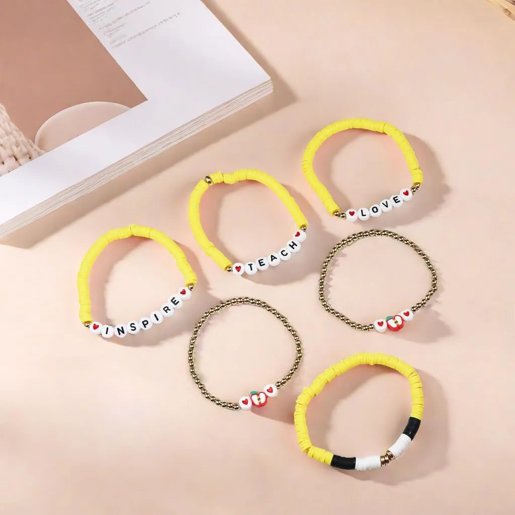 tenghong2021 Teacher Seed Beaded Bracelets Set for Women Appreciation Stackable Stretch Bracelet Handmade Ploymer Clay Beaded Love Teach Inspire Bracelets for Women Teacher's Gifts Jewelry
