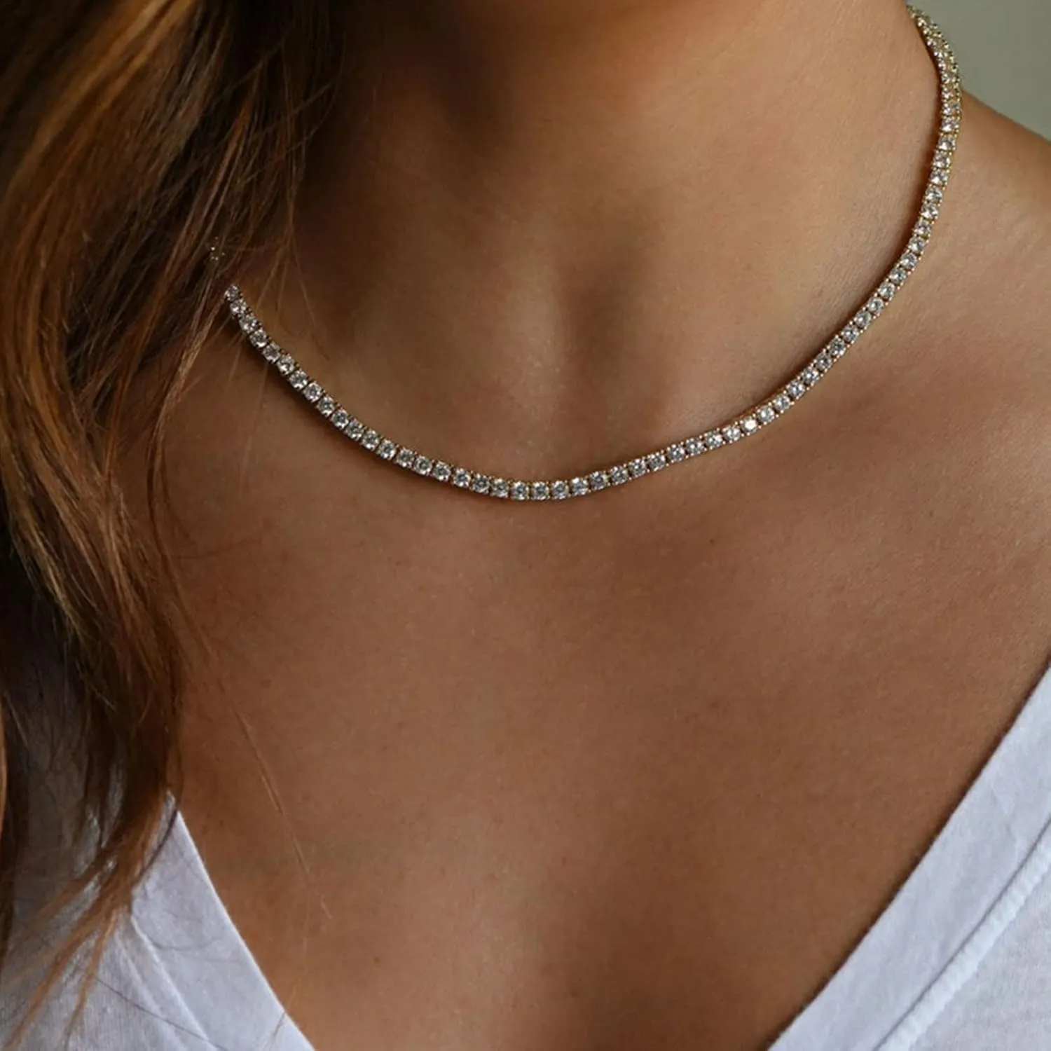 Tennis Necklace for Women 14K Gold Plated or Silver Rhinestone Choker Necklaces Dainty Zirconia Cut Faux Diamond chain 3mm