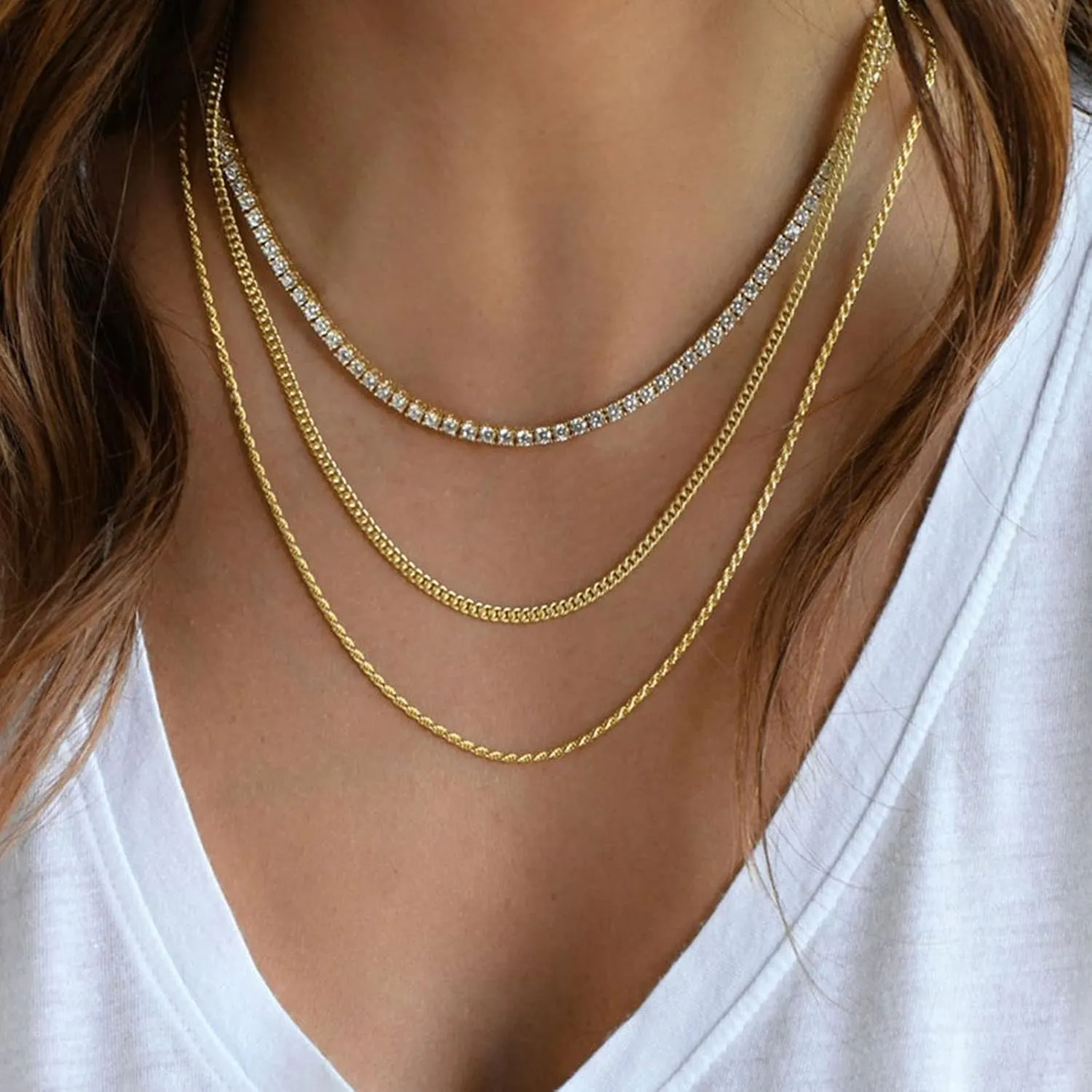 Tennis Necklace for Women 14K Gold Plated or Silver Rhinestone Choker Necklaces Dainty Zirconia Cut Faux Diamond chain 3mm
