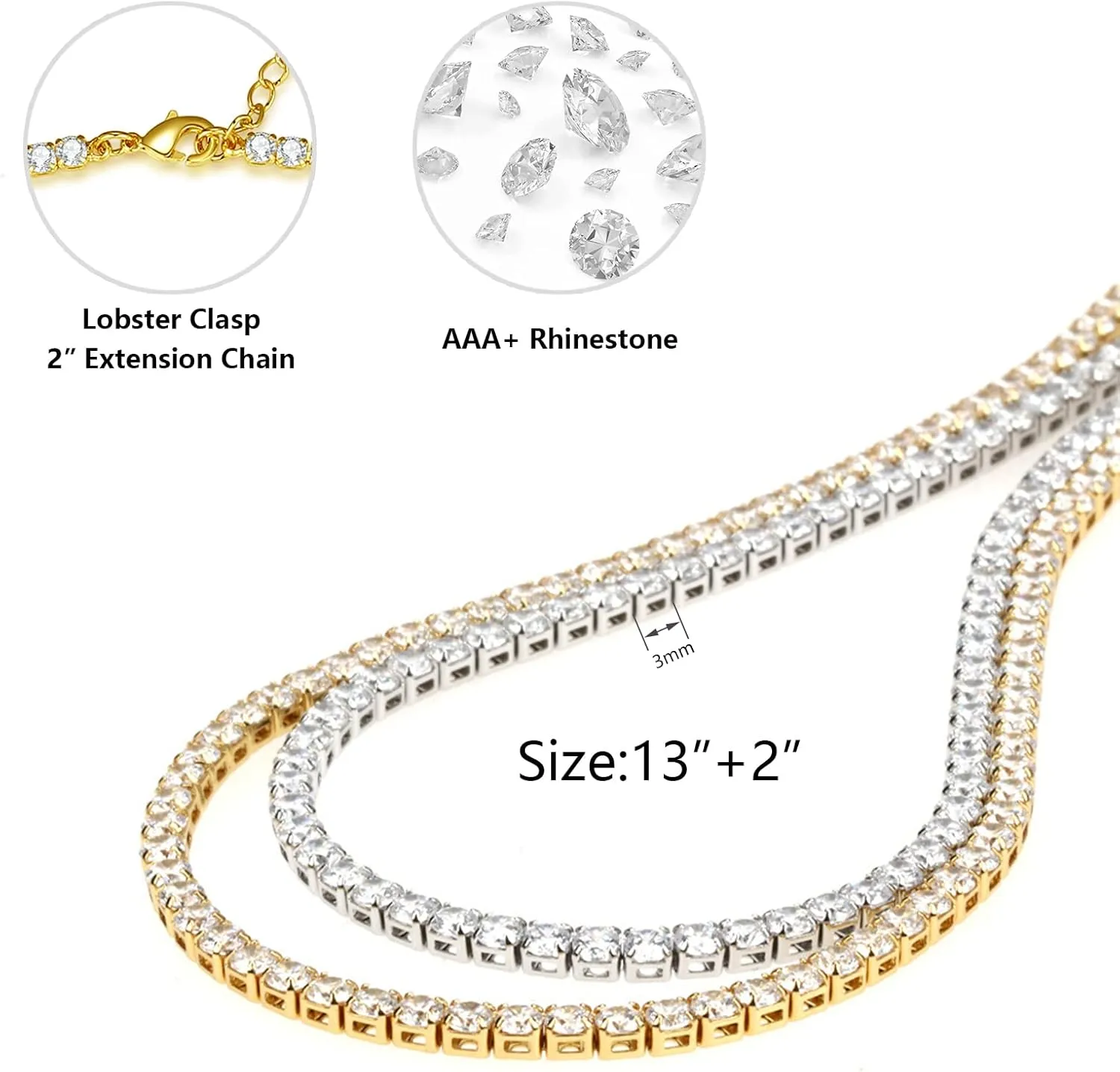 Tennis Necklace for Women 14K Gold Plated or Silver Rhinestone Choker Necklaces Dainty Zirconia Cut Faux Diamond chain 3mm