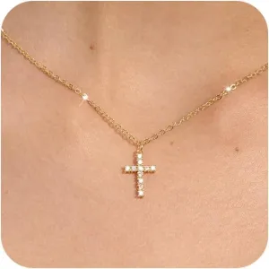 Tewiky Cross Necklace for Women-Dainty Simple 14k Gold Plated Cross Pendant Cute Diamond Necklaces for Women Gold Jewelry