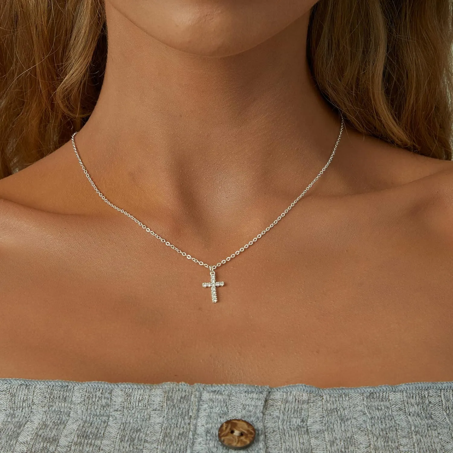 Tewiky Cross Necklace for Women-Dainty Simple 14k Gold Plated Cross Pendant Cute Diamond Necklaces for Women Gold Jewelry