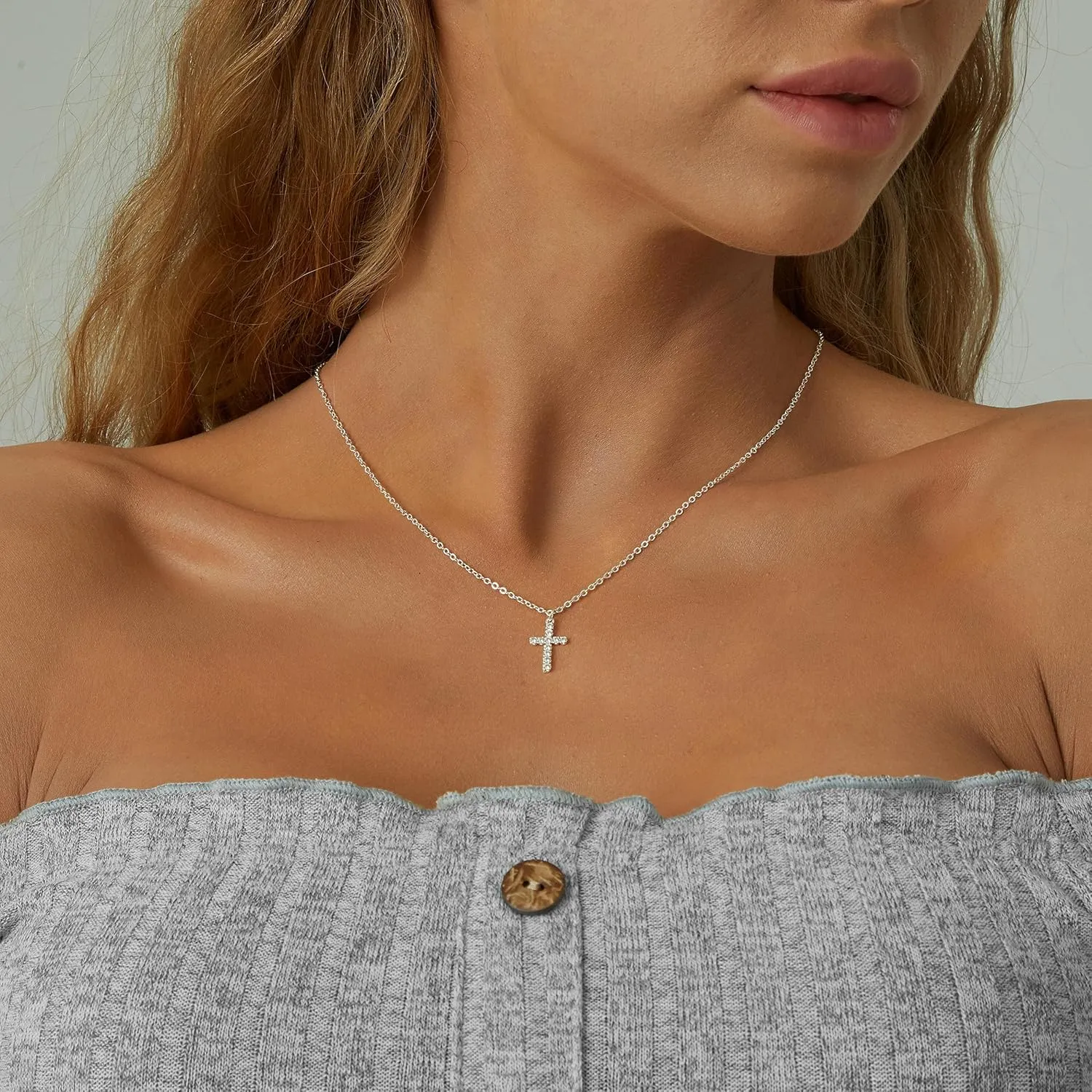 Tewiky Cross Necklace for Women-Dainty Simple 14k Gold Plated Cross Pendant Cute Diamond Necklaces for Women Gold Jewelry