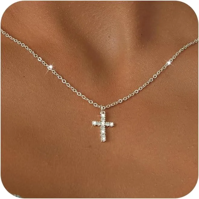 Tewiky Cross Necklace for Women-Dainty Simple 14k Gold Plated Cross Pendant Cute Diamond Necklaces for Women Gold Jewelry