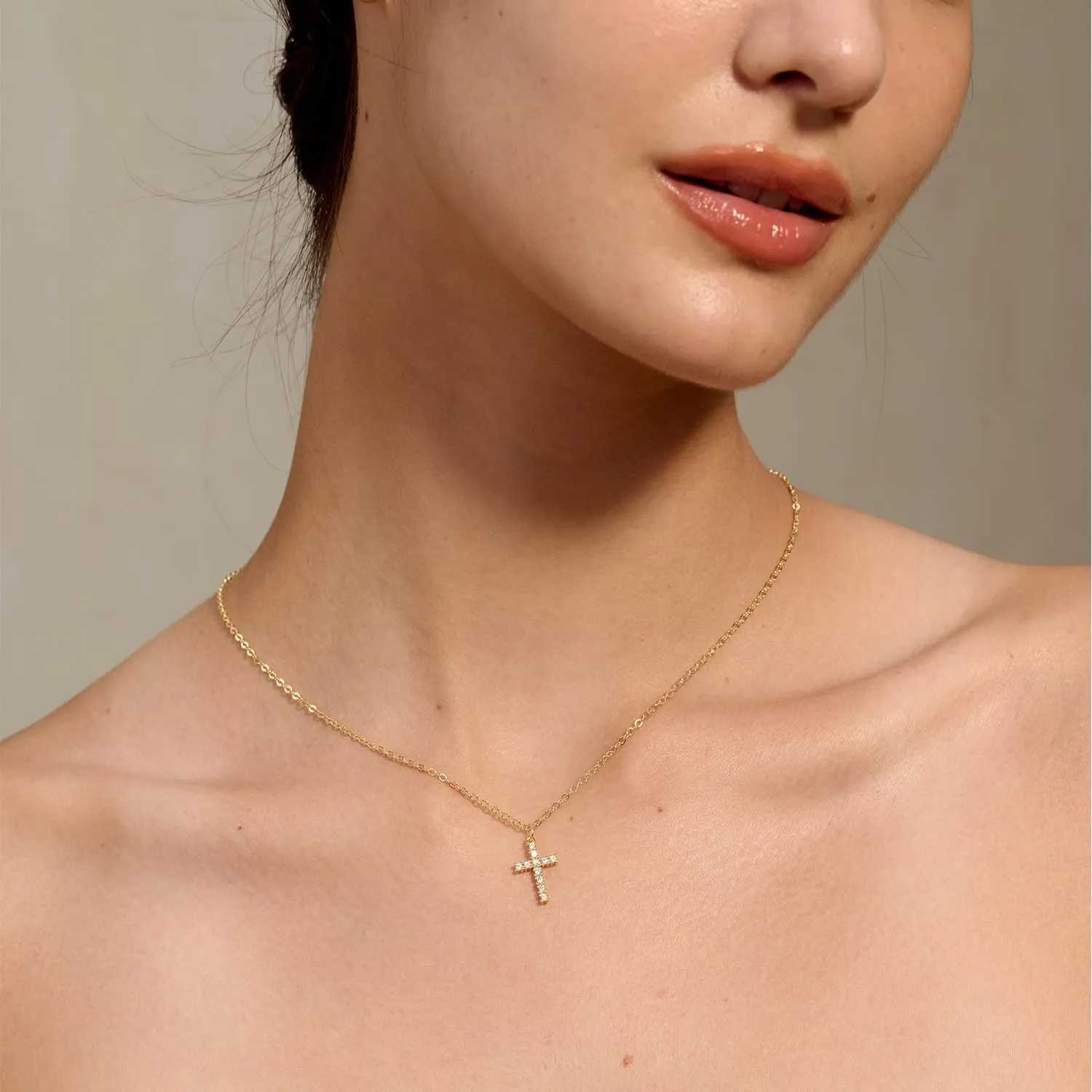Tewiky Cross Necklace for Women-Dainty Simple 14k Gold Plated Cross Pendant Cute Diamond Necklaces for Women Gold Jewelry