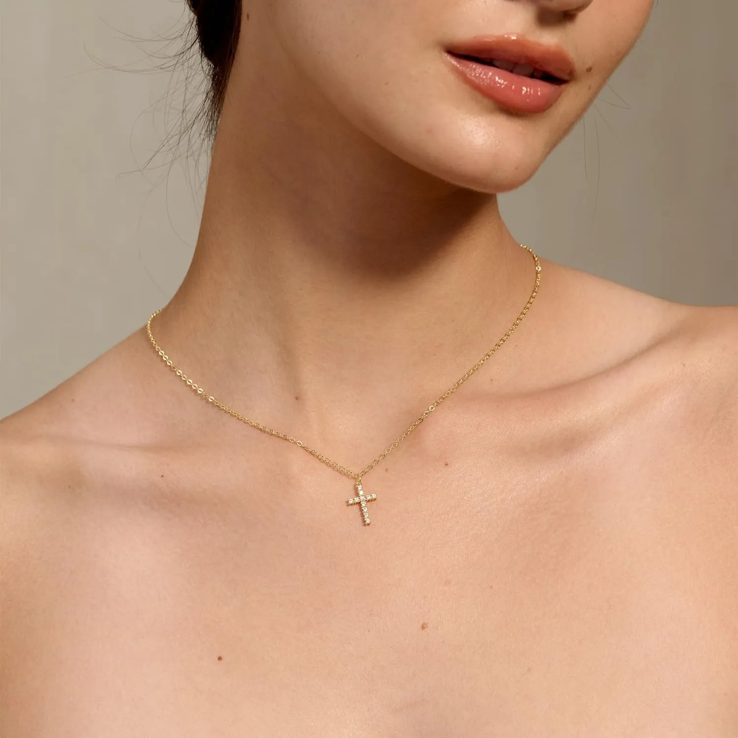 Tewiky Cross Necklace for Women-Dainty Simple 14k Gold Plated Cross Pendant Cute Diamond Necklaces for Women Gold Jewelry