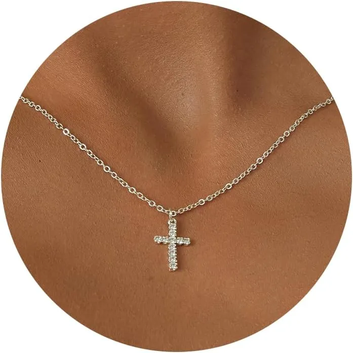 Tewiky Cross Necklace for Women-Dainty Simple 14k Gold Plated Cross Pendant Cute Diamond Necklaces for Women Gold Jewelry