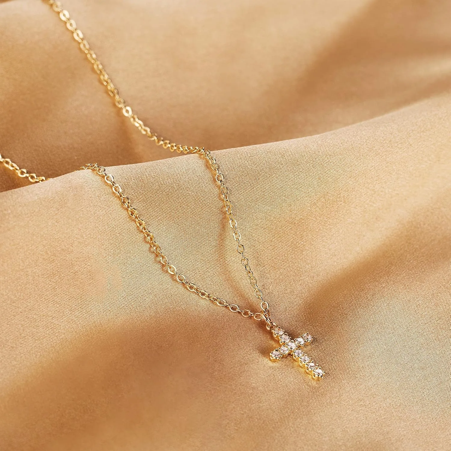 Tewiky Cross Necklace for Women-Dainty Simple 14k Gold Plated Cross Pendant Cute Diamond Necklaces for Women Gold Jewelry