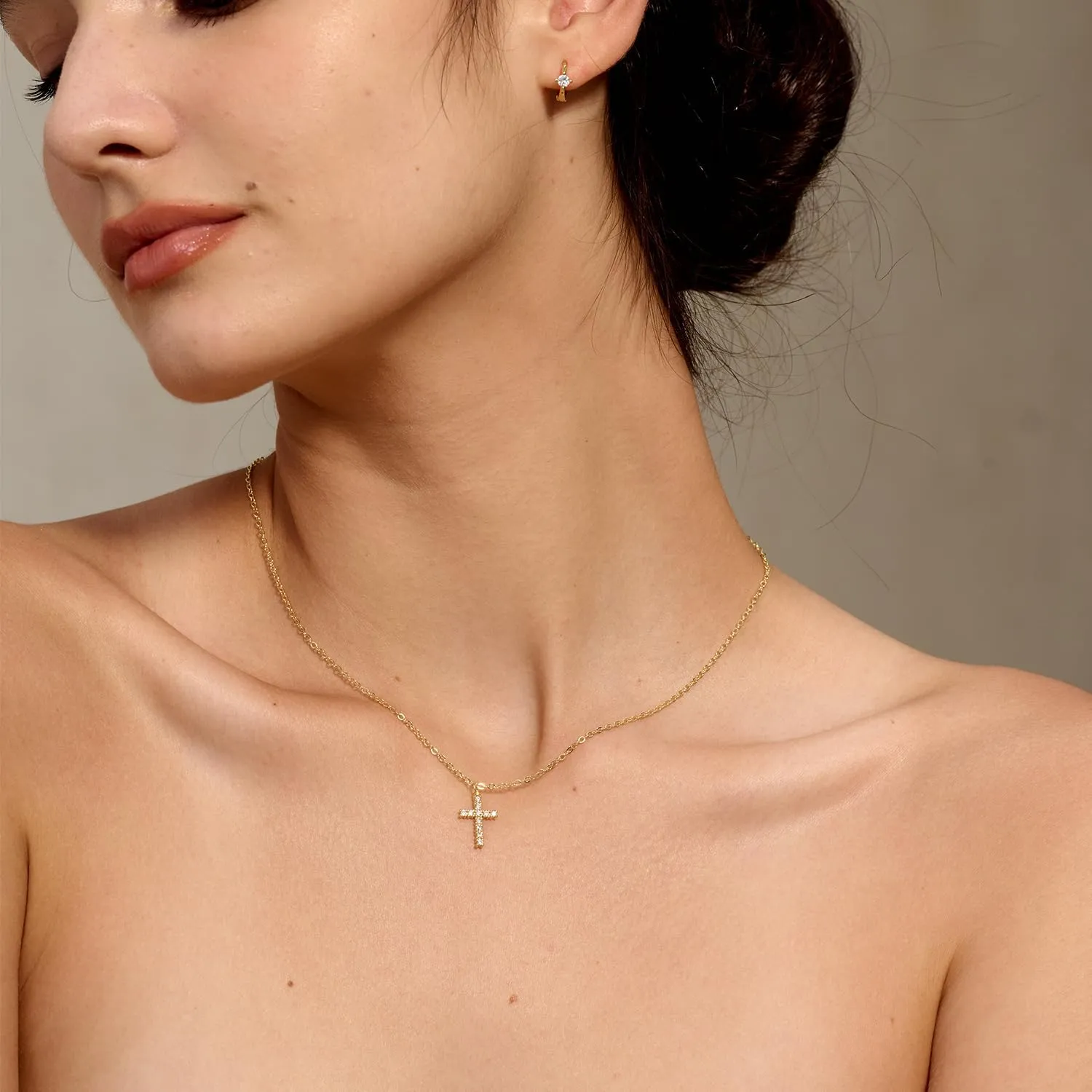 Tewiky Cross Necklace for Women-Dainty Simple 14k Gold Plated Cross Pendant Cute Diamond Necklaces for Women Gold Jewelry