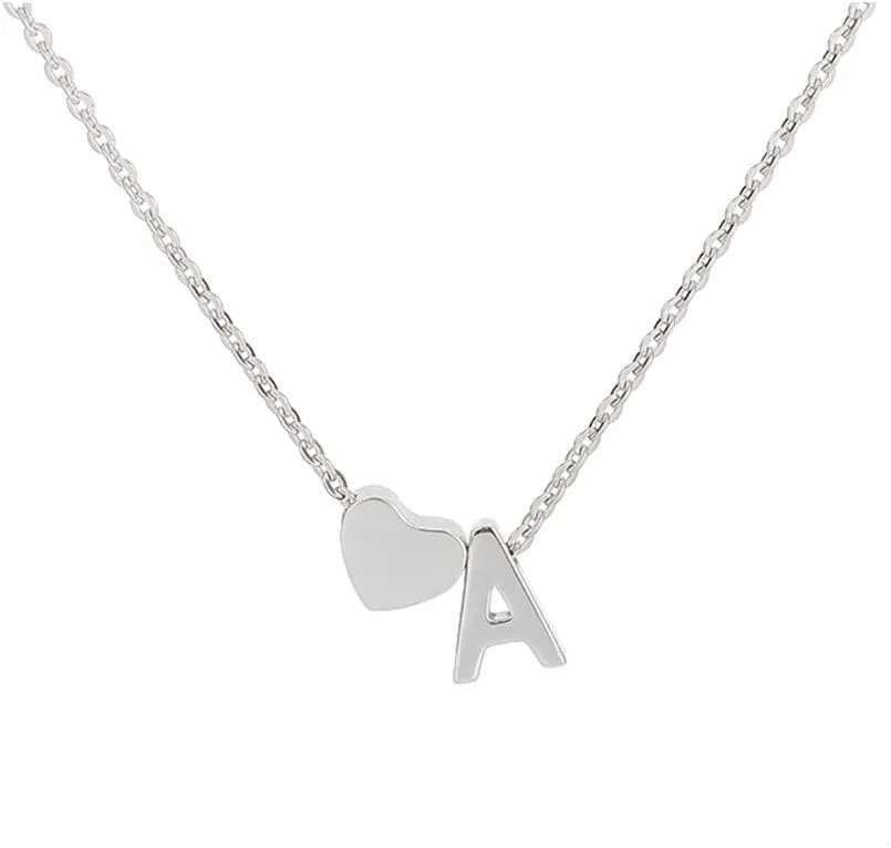 Tiny Gold Heart Initial Necklace Dainty Silver Heart Letter A-Z Necklace Personalized Monogram Name Necklaces Birthday Gifts for Women Jewelry