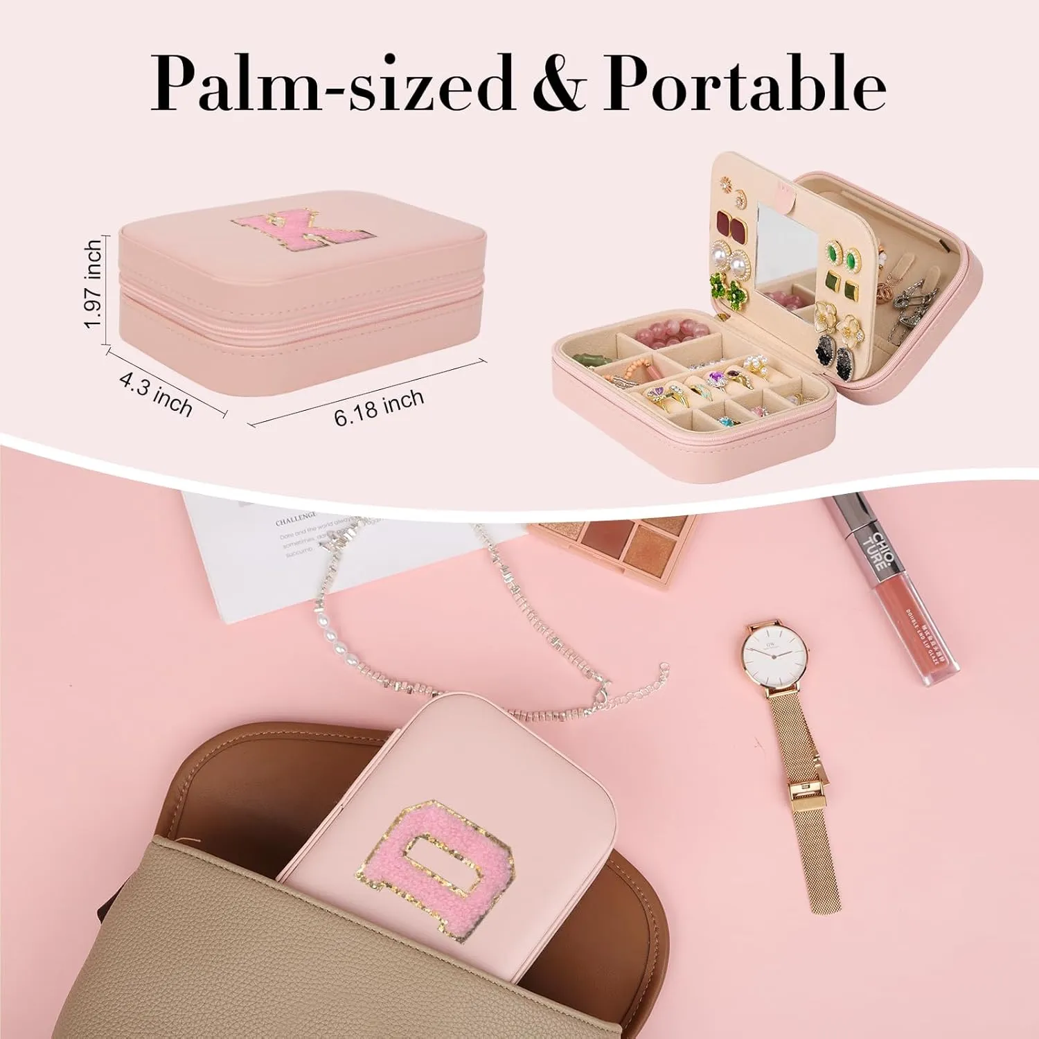 TopPerfekt Travel Jewelry Case, Jewelry Box with Mirror, Jewelry Organizer Bridal Shower Gifts to Her, Earring Storage Travel Case, Trendy Gift for Women and Girls, Girlfriend-Letter D, Pink