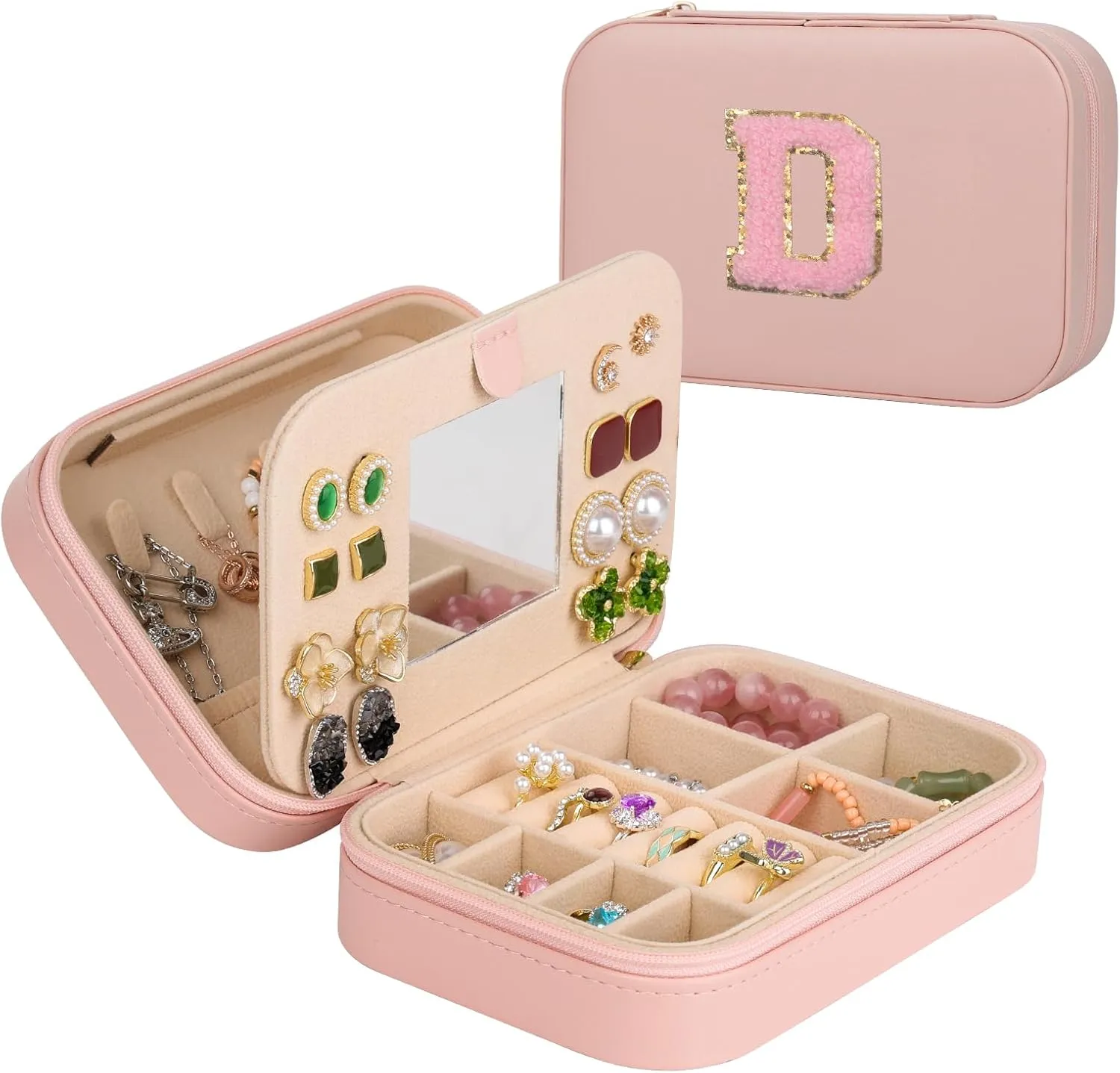 TopPerfekt Travel Jewelry Case, Jewelry Box with Mirror, Jewelry Organizer Bridal Shower Gifts to Her, Earring Storage Travel Case, Trendy Gift for Women and Girls, Girlfriend-Letter D, Pink