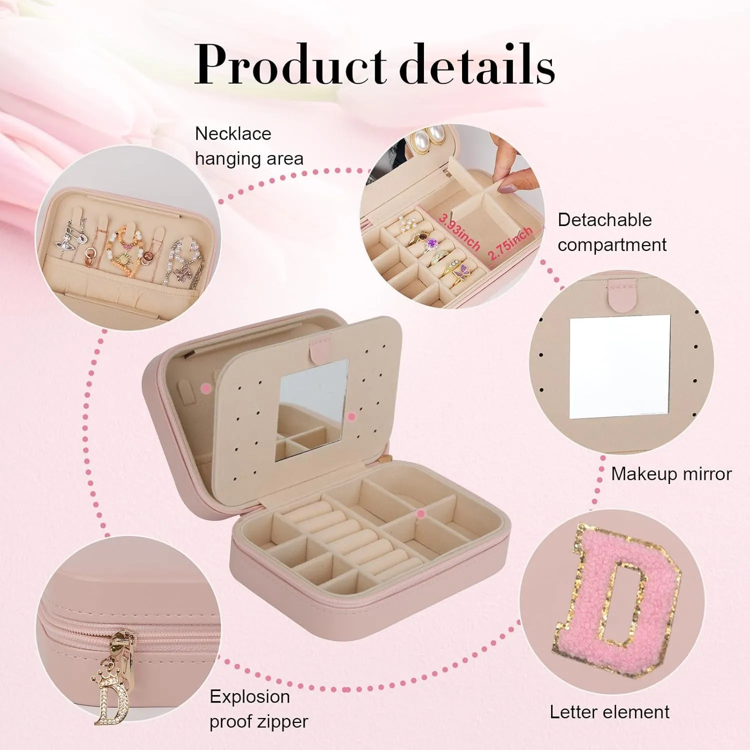 TopPerfekt Travel Jewelry Case, Jewelry Box with Mirror, Jewelry Organizer Bridal Shower Gifts to Her, Earring Storage Travel Case, Trendy Gift for Women and Girls, Girlfriend-Letter D, Pink