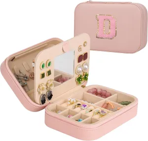 TopPerfekt Travel Jewelry Case, Jewelry Box with Mirror, Jewelry Organizer Bridal Shower Gifts to Her, Earring Storage Travel Case, Trendy Gift for Women and Girls, Girlfriend-Letter D, Pink