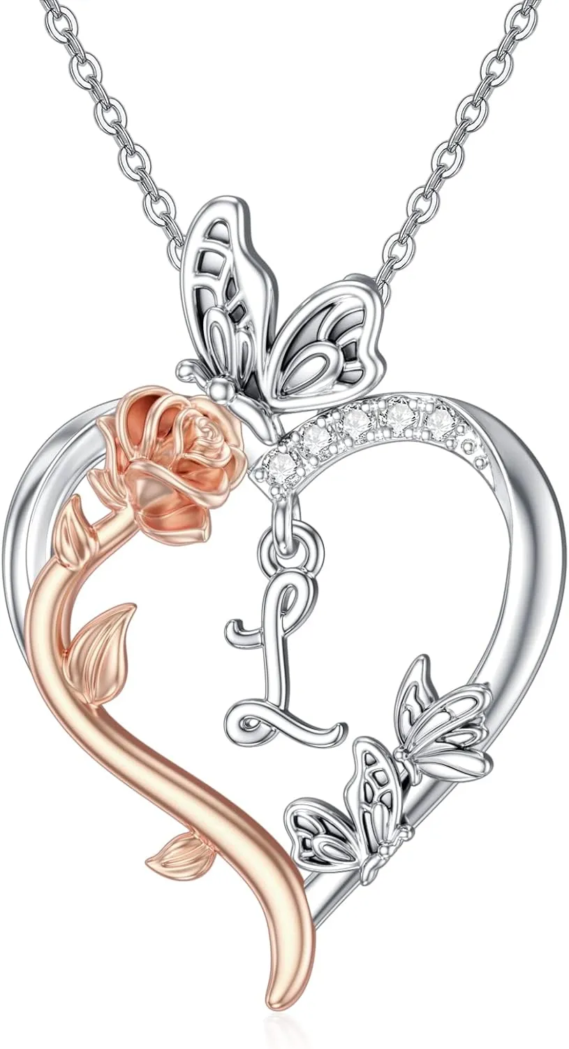 TOUPOP Rose Heart Necklaces Gifts for Women 925 Sterling Silver Butterfly Heart Initial Necklace Anniversary Birthday Christmas Jewelry Gifts for Mom Her Wife Girlfriend Daughter