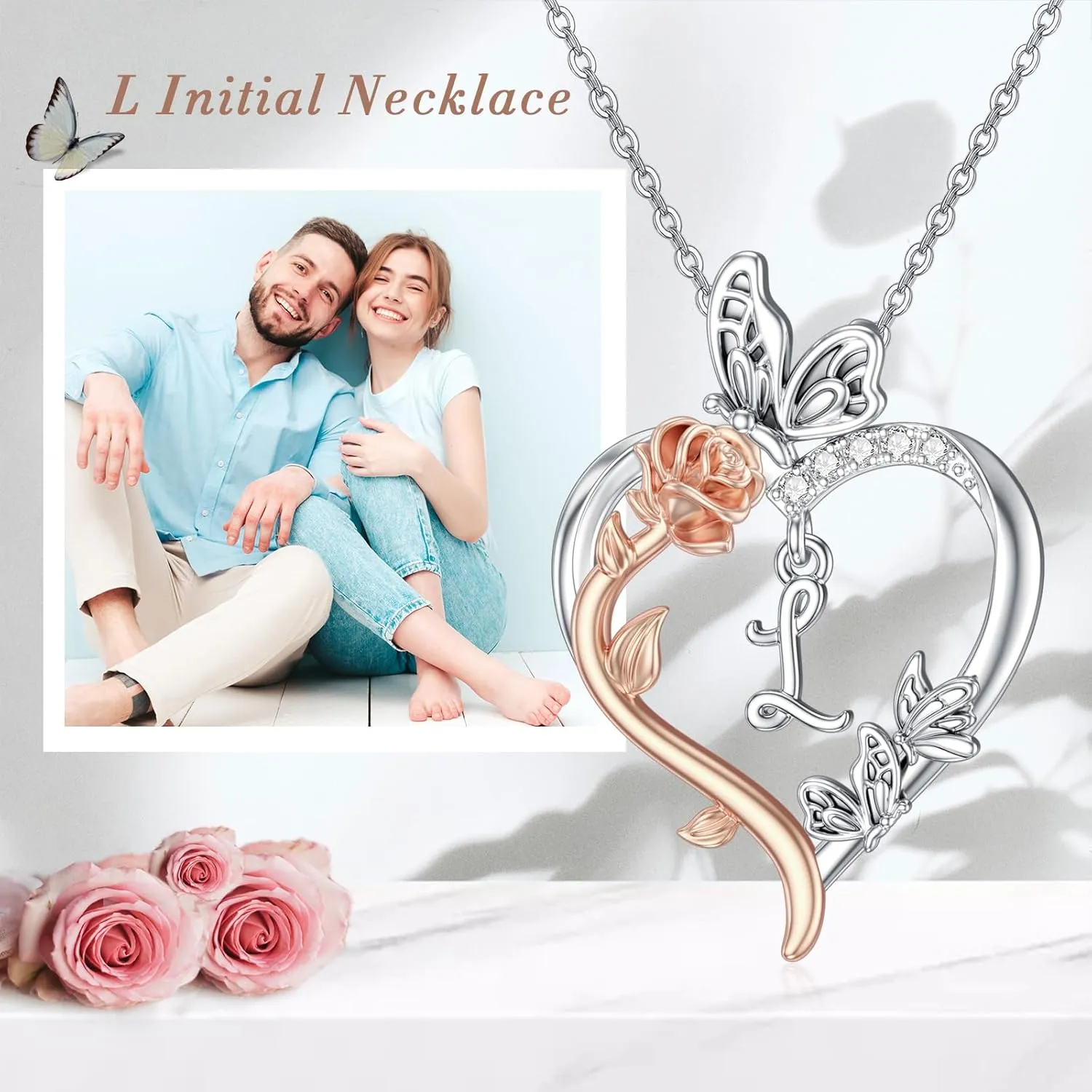 TOUPOP Rose Heart Necklaces Gifts for Women 925 Sterling Silver Butterfly Heart Initial Necklace Anniversary Birthday Christmas Jewelry Gifts for Mom Her Wife Girlfriend Daughter