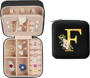 Travel Jewelry Case - Small Jewelry Box for Women Girls Gift Organizer Leather Jewelry Holder Boxes with Mirror, Black, Initial F