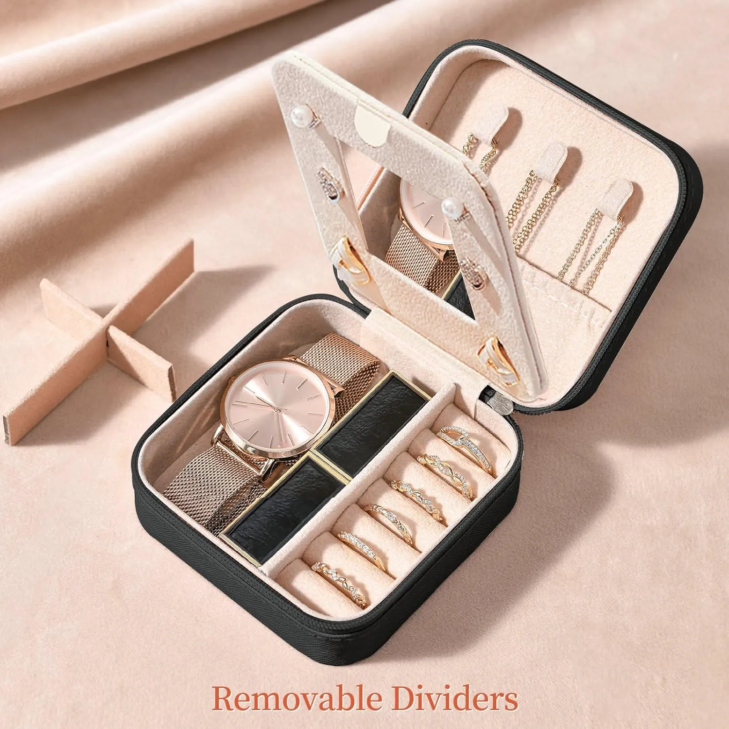 Travel Jewelry Case - Small Jewelry Box for Women Girls Gift Organizer Leather Jewelry Holder Boxes with Mirror, Black, Initial F